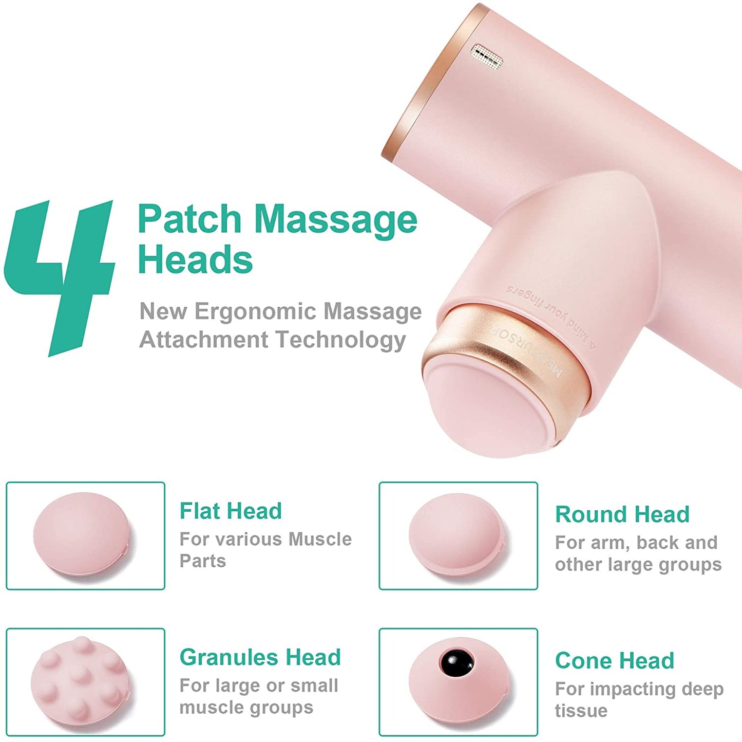 ** NEW ** Portable Mini Massage Gun, Quiet Powerful Brushless Motor, 4 Heads and 3 Modes Helps Relieve Soreness Pink