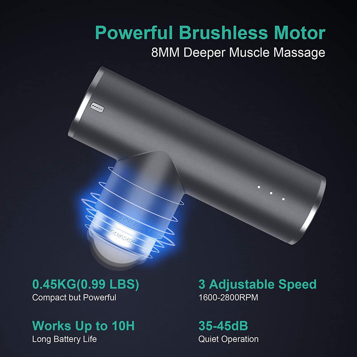 Portable Mini Massage Gun, Quiet Powerful Brushless Motor, 4 Heads and 3 Modes Helps Relieve Soreness Gray
