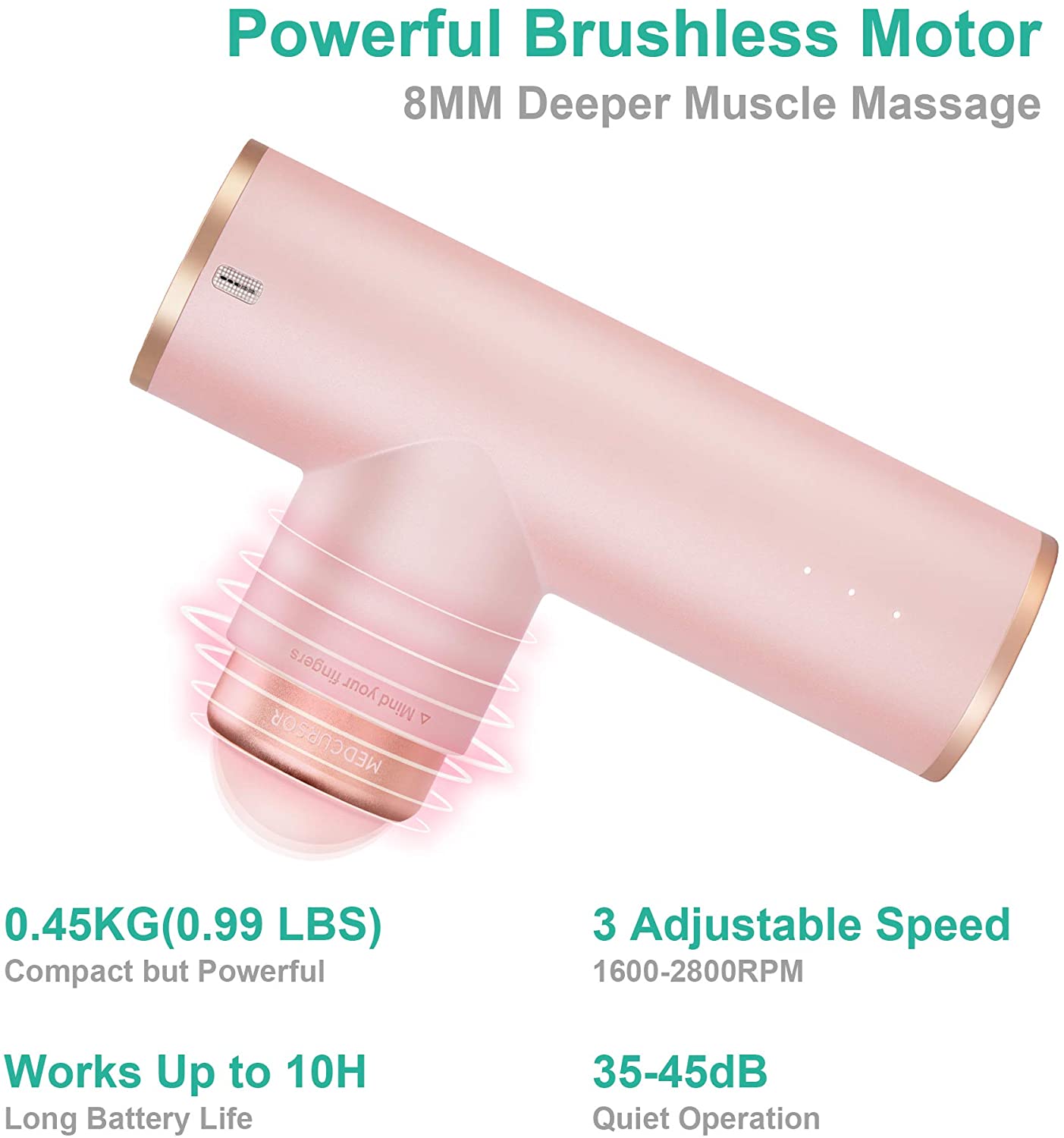 ** NEW ** Portable Mini Massage Gun, Quiet Powerful Brushless Motor, 4 Heads and 3 Modes Helps Relieve Soreness Pink