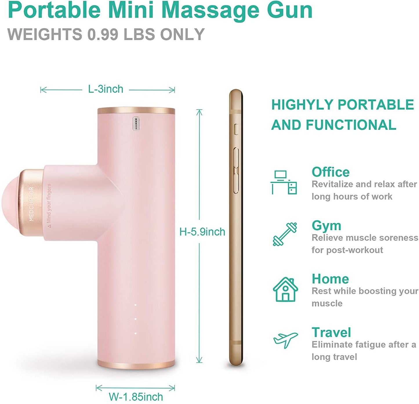 ** NEW ** Portable Mini Massage Gun, Quiet Powerful Brushless Motor, 4 Heads and 3 Modes Helps Relieve Soreness Pink