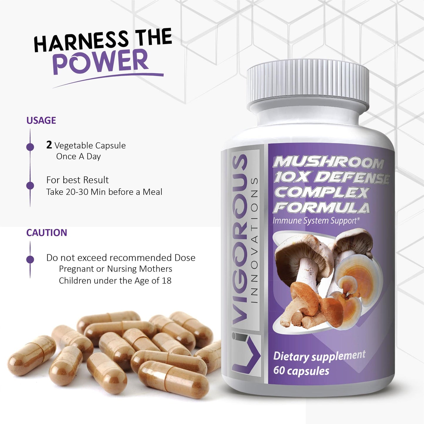 Vigorous Innovations Mushroom 10X Defense Complex Formula - Natural Immune System Support