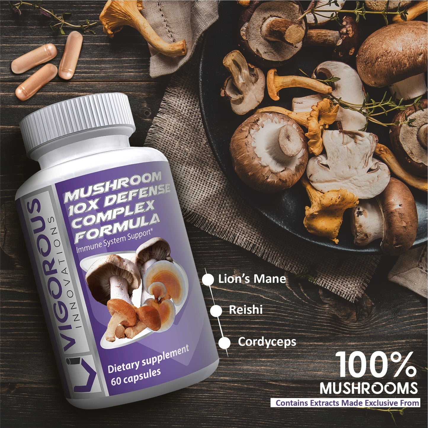 Vigorous Innovations Mushroom 10X Defense Complex Formula - Natural Immune System Support
