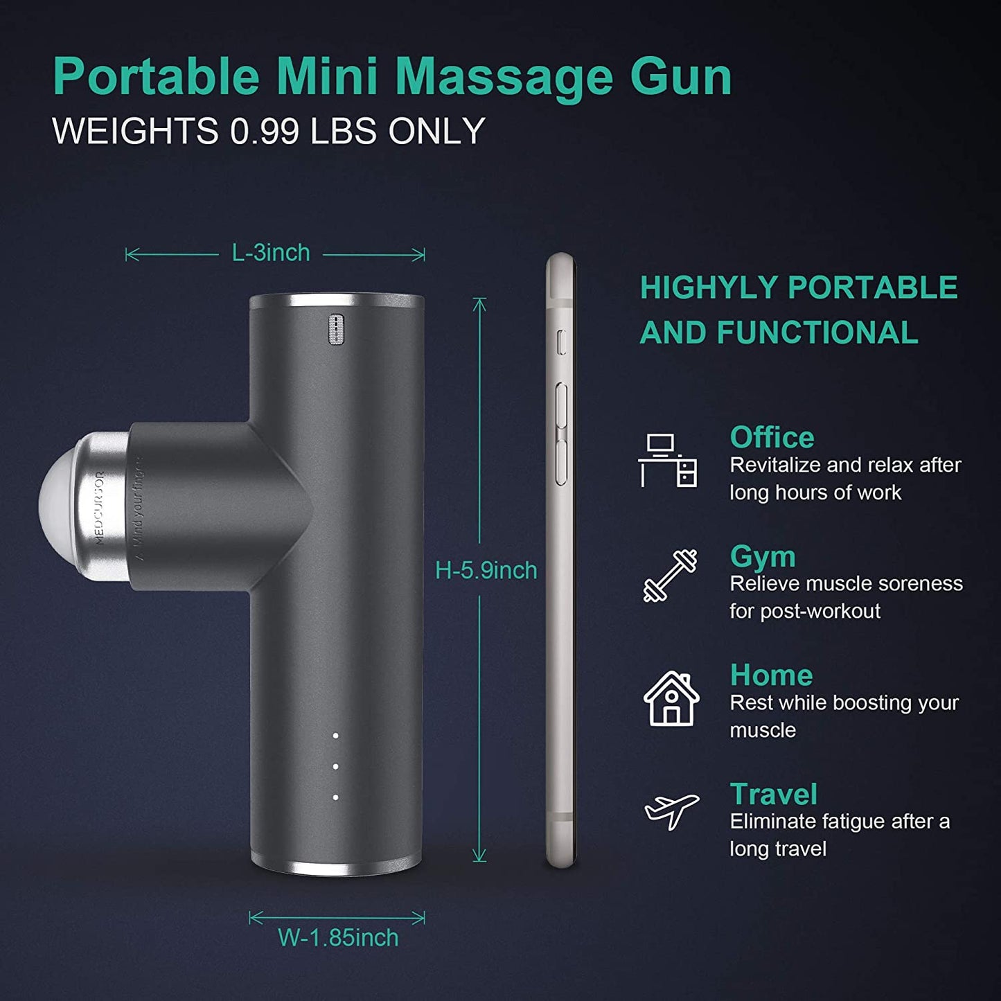 Portable Mini Massage Gun, Quiet Powerful Brushless Motor, 4 Heads and 3 Modes Helps Relieve Soreness Gray